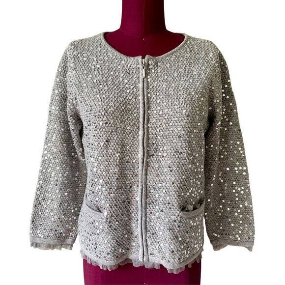 Chico’s Full Zip Sequined Jacket Cardigan size 1 US M 8 Silver Gray - Picture 3 of 9